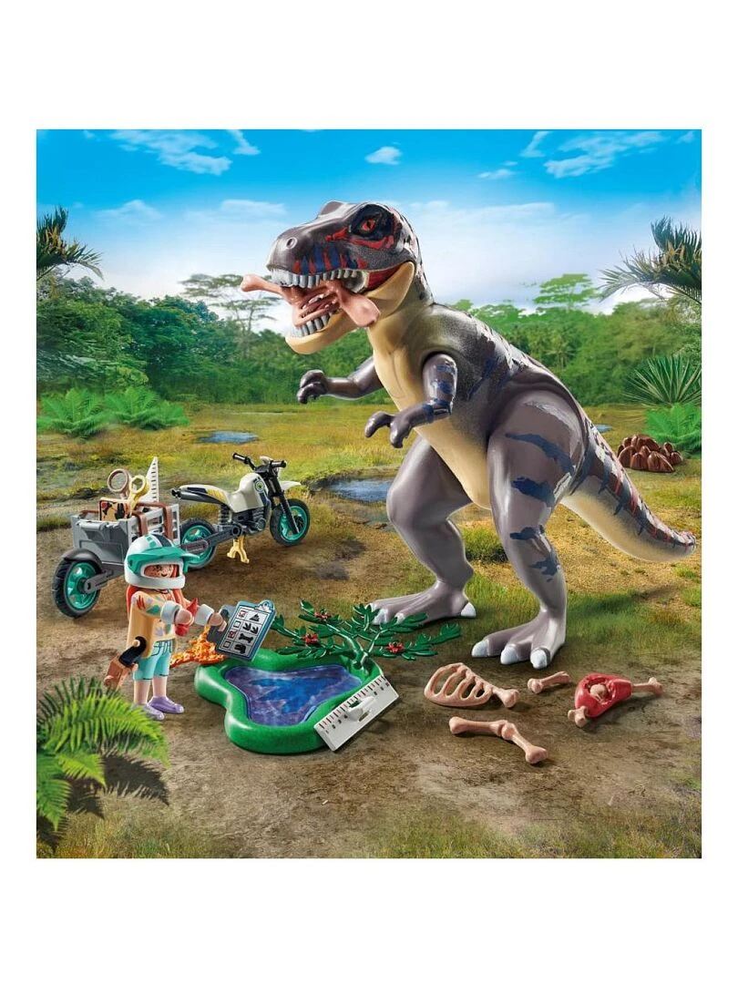 Explorateur avec moto et tyrannosaure   N/A