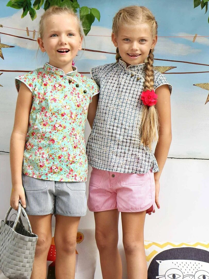 Blouse Chinoise à col Mao Fille   Fleurie Liberty Vert  ANNAM   'LA FAUTE A VOLTAIRE'   Vert d'eau