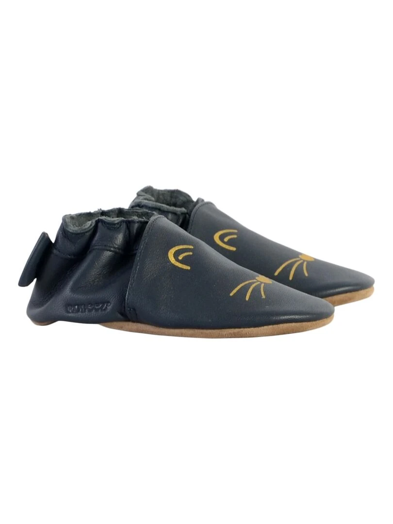 Coffret Chausson Cuir Bebe Robeez Goldy Cat   Bleu marine