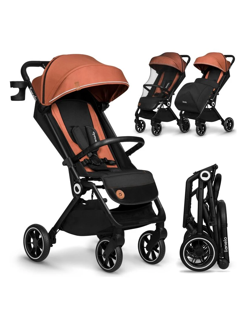 LIONELO Cloe Poussette bébé compacte Jusqu'à 22 Kg Légère & pliable Grandes Roues Orange Noir Orange Noir