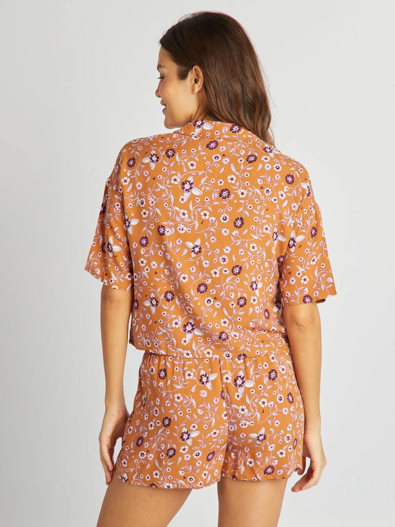 Pyjama chemisier + short imprimé fleuri Marron