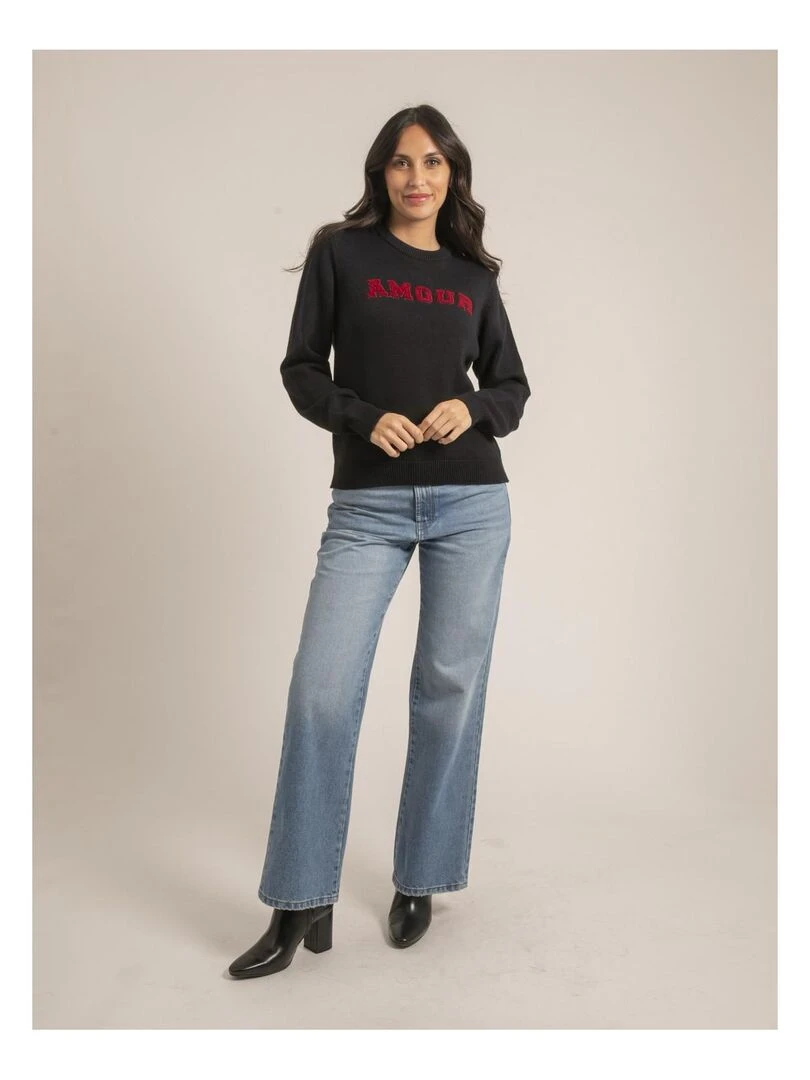 Pull col rond pur coton message KOURI   Bleu marine