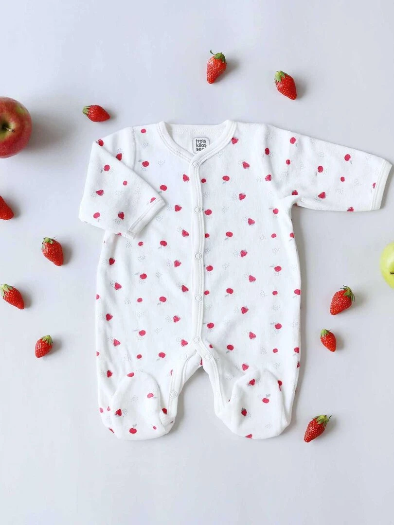 Pyjama bébé en velours motif Fraise Blanc