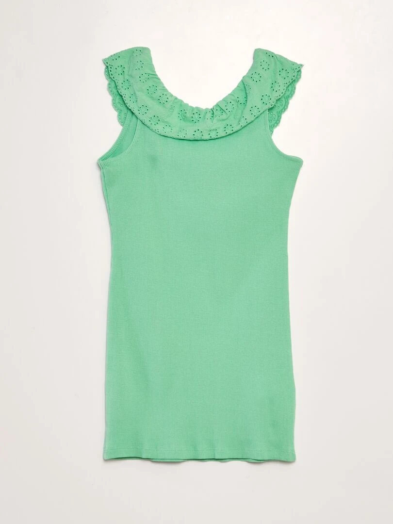 Robe côtelée avec large col brodé Vert