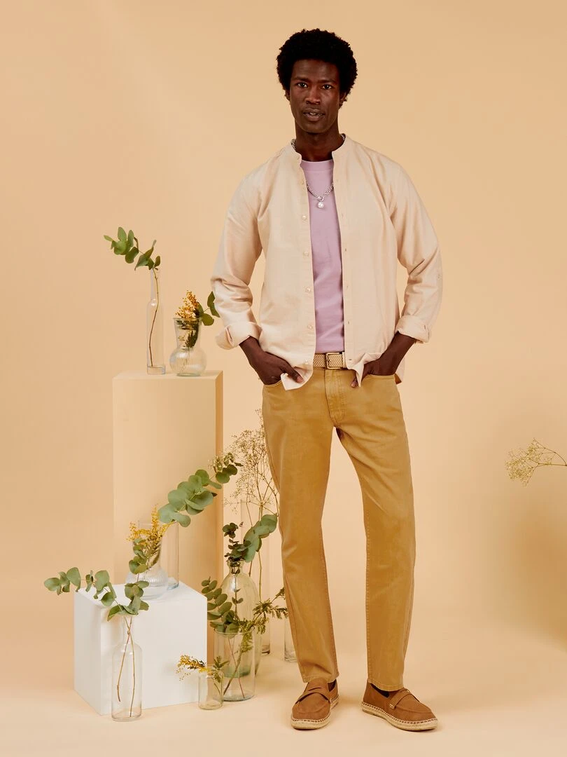 Chemise oxford col mao Beige