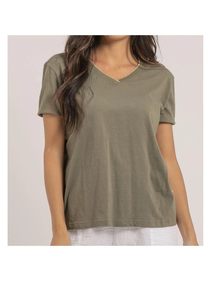 T shirt col V pur coton FAMIA   Kaki