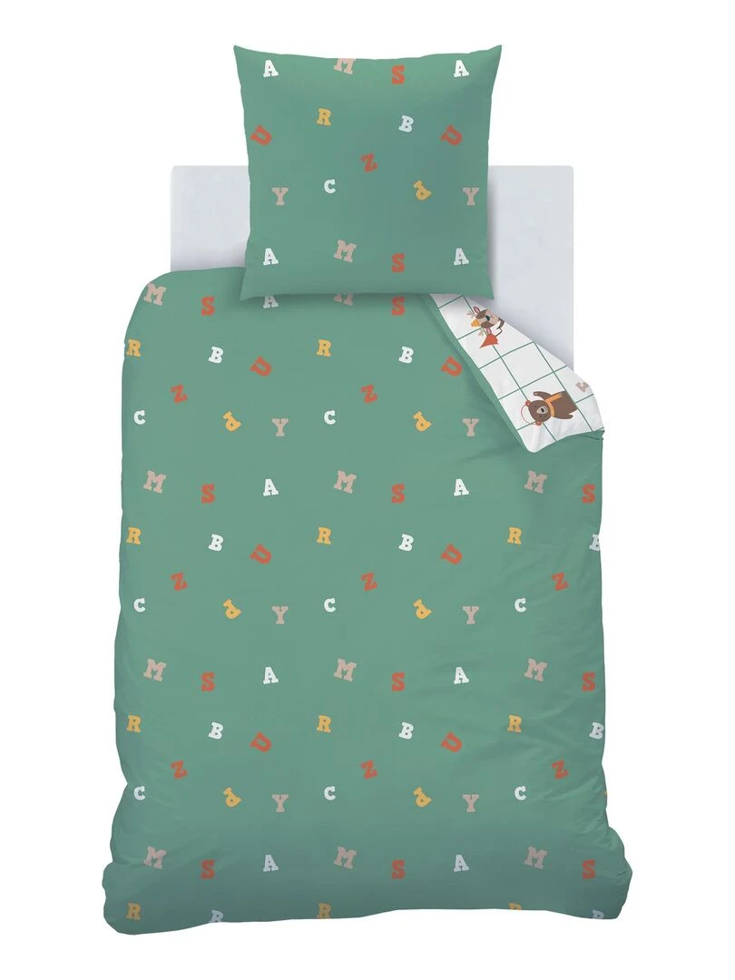 Parure de lit imprimée 100% coton  KARO ANIMO   Blanc Vert