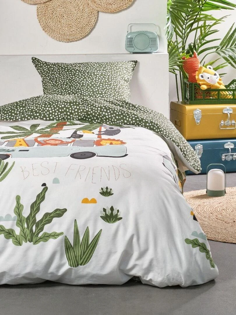 Parure de lit imprimé 'HAPPY FRIENDS' 'TODAY' Vert
