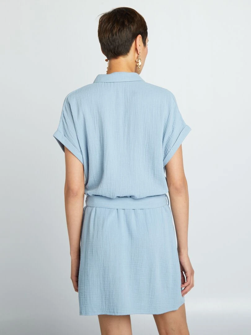 Robe courte forme chemise en double gaze de coton   Bleu