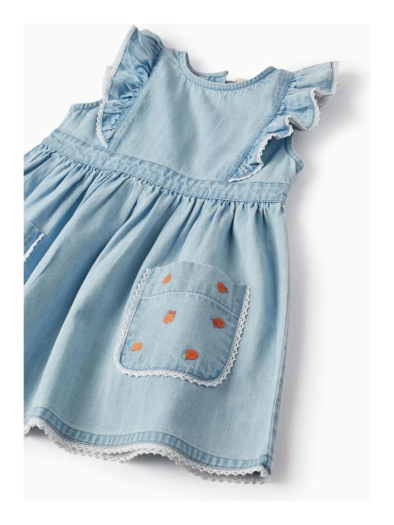 Robe en jean léger avec volants et dentelle pour bébé fille manches courtes SICILIAN DAYS   Bleu