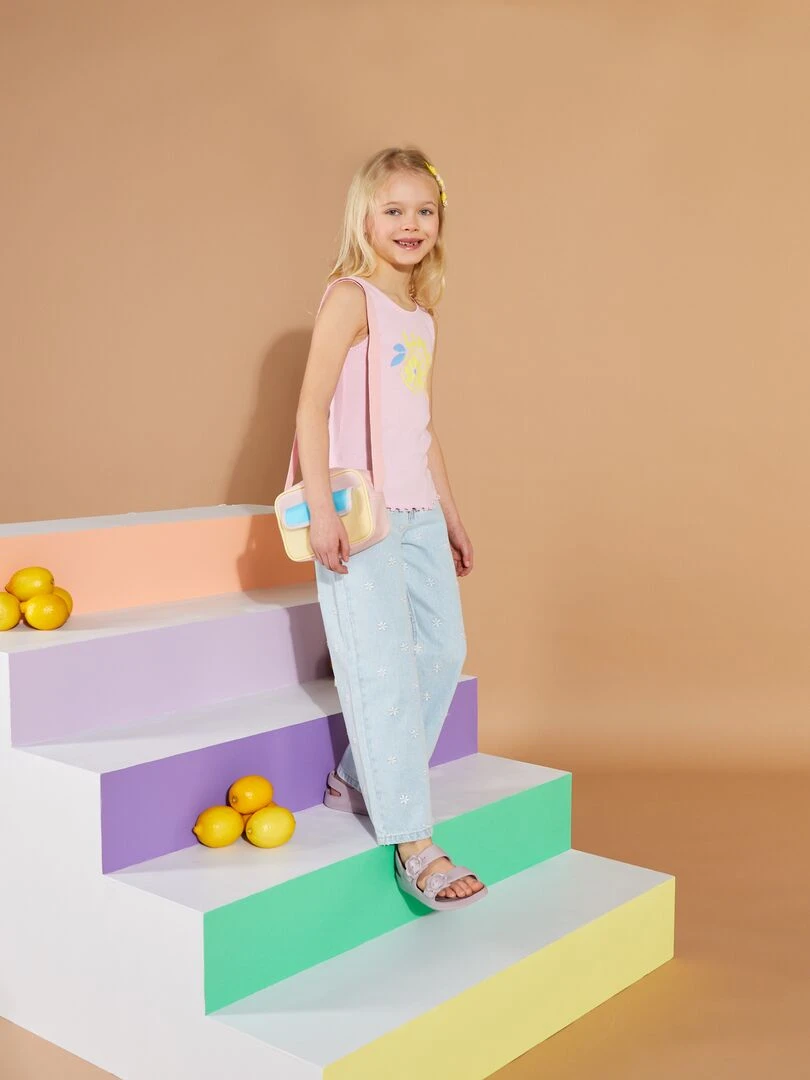 Pantalon en jean wide leg Bleu fleurs