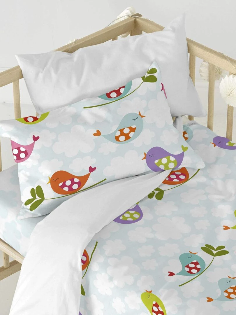 Parure housse de couette 2 pièces Little birds Berceau "Happyfriday"   Bleu Rose