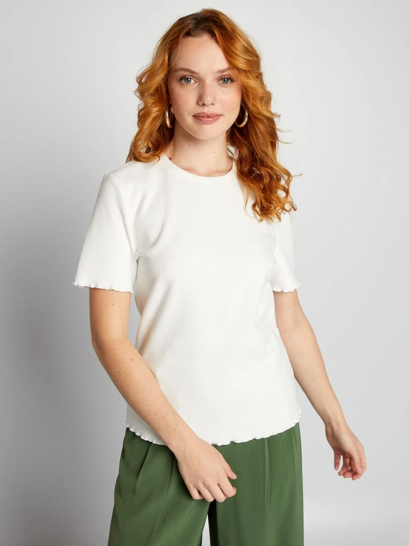 T shirt côtelé en matière doudou   blanc