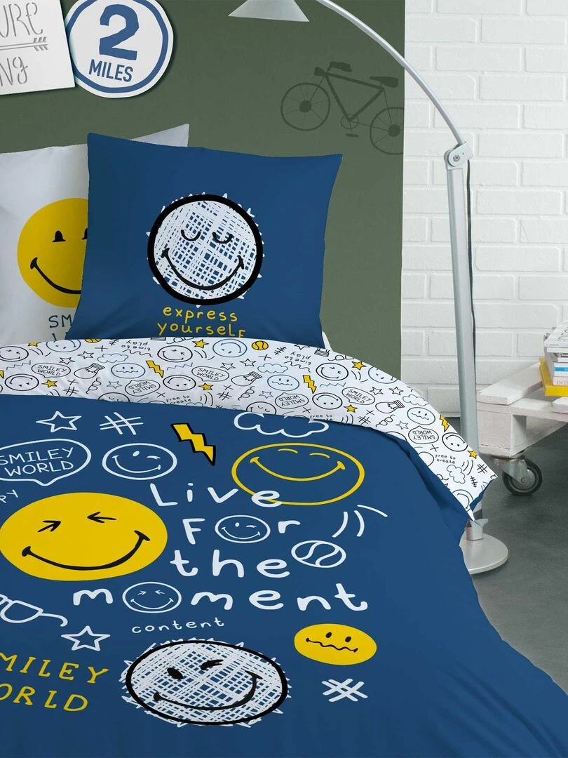 Parure de lit imprimée 100% coton SMILEY WORLD SCRIBBLE Bleu marine