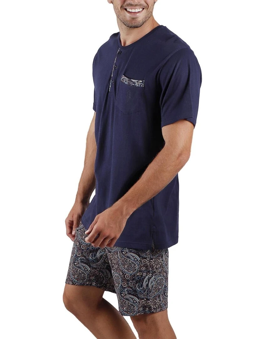 Pyjama short t shirt Cachemire   Bleu marine