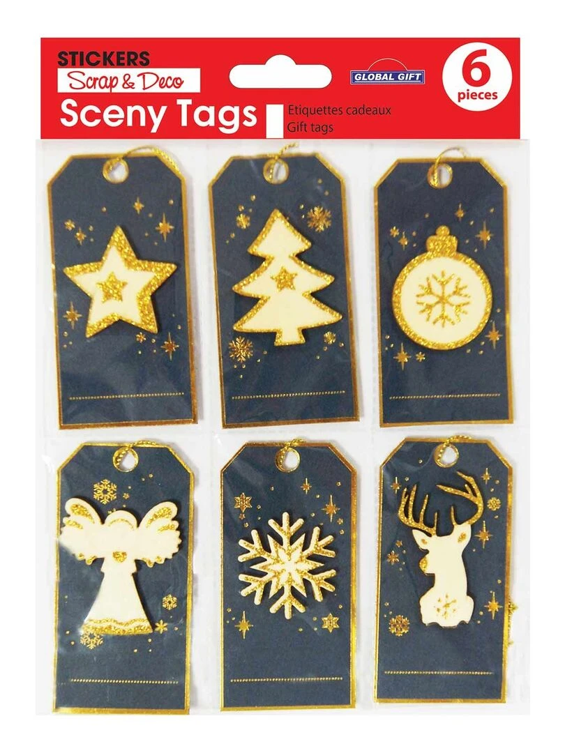 6 étiquettes cadeaux de Noël Bleu et paillettes dorées N/A