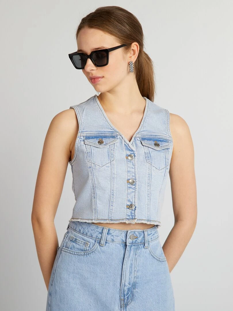 Gilet denim sans manches Bleu