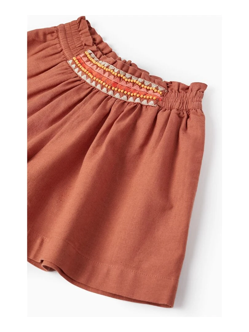 Shorts En Coton Et Lin Avec Broderies Et Perles Pour Fille   Orange clémentine