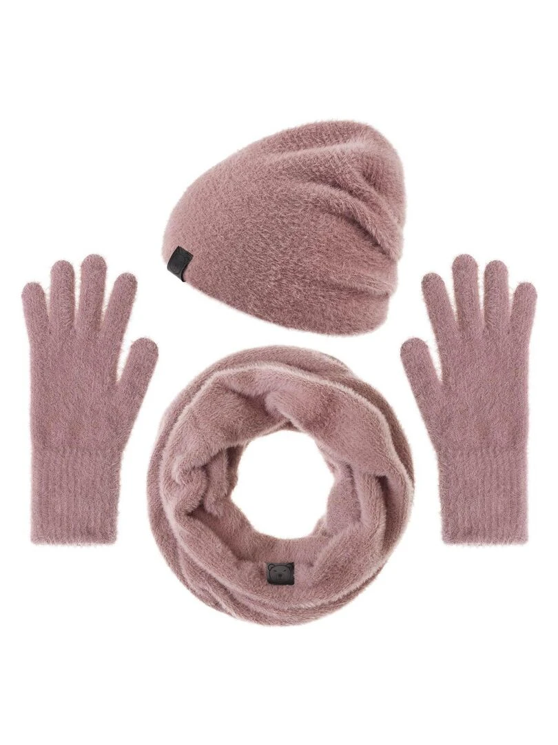 Ensemble Snood Bonnet Gants Etama Made in UE Vieux rose