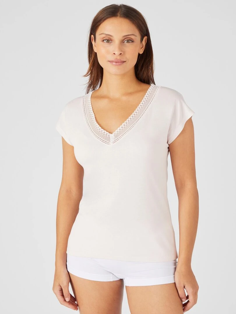 T shirt col dentelle Climatyl Damart Rose