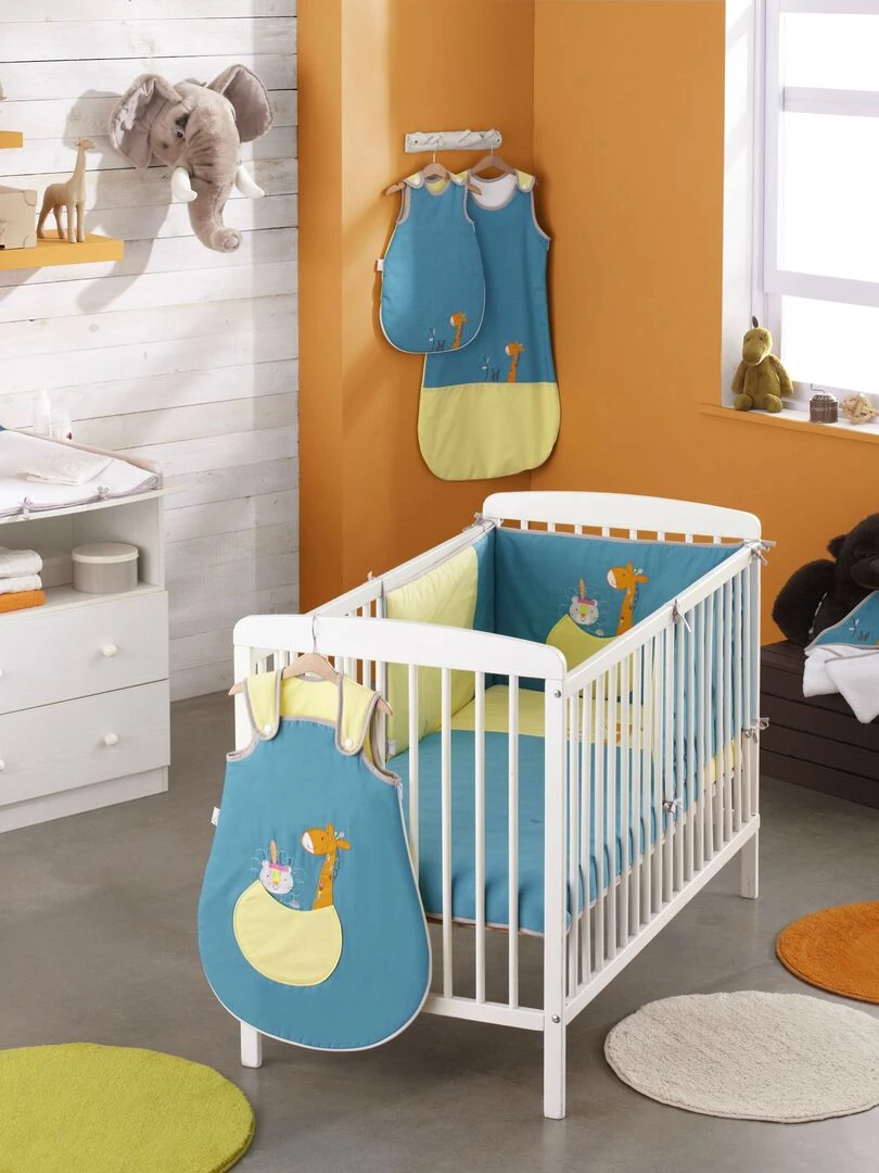 Parure de lit housse de couette brodée + taie Coton bio 'P'tit Basile' Bleu canard