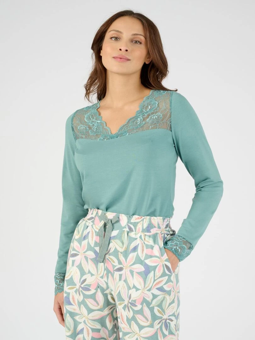 Tee shirt manches longues avec dentelle Thermolactyl Damart Vert anis