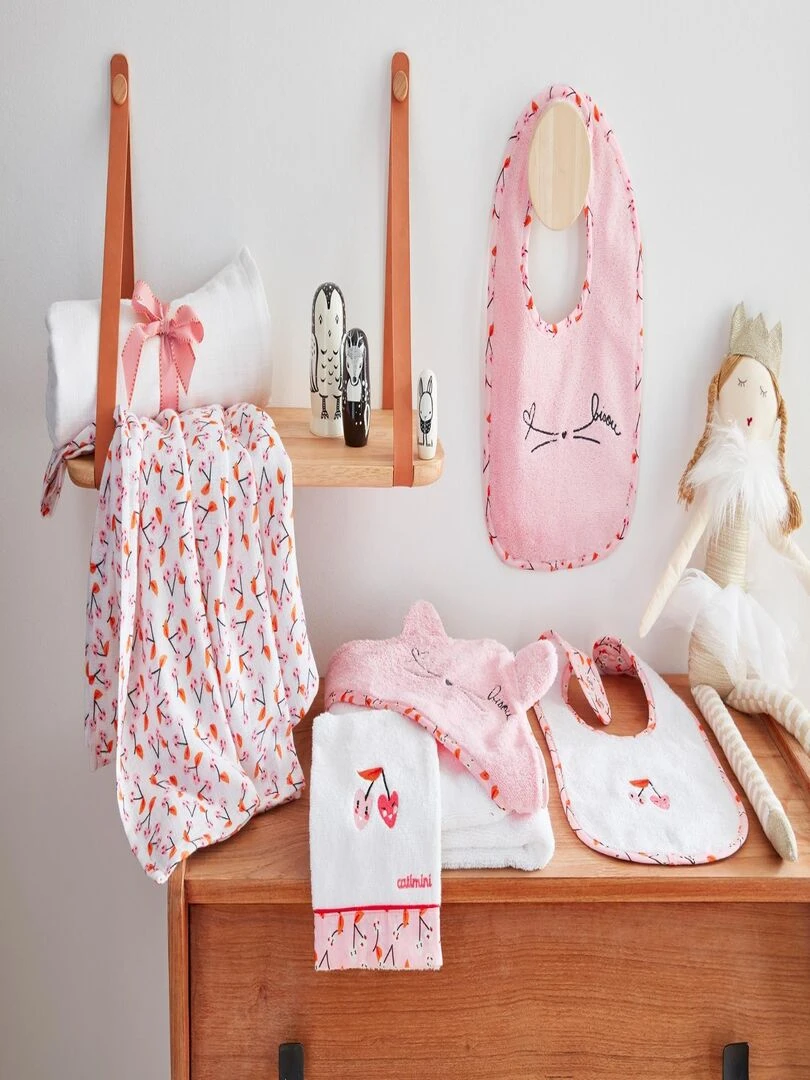 Serviette de bain 80x80 cm + Gant 15x21 cm blanc et rose 100% Coton Rose