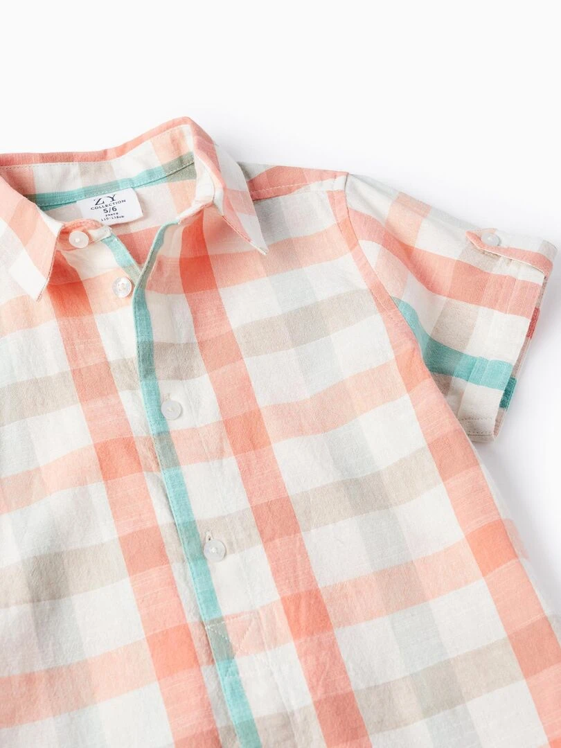 Chemise À Carreaux En Coton Pour Garçon manches courtes   Blanc