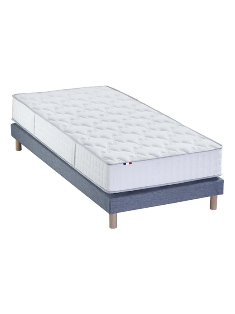 Ensemble Matelas Ressorts + Mémoire de forme ODYSSEE + Sommier Made in France Sommier Bleu denim Bleu Blanc