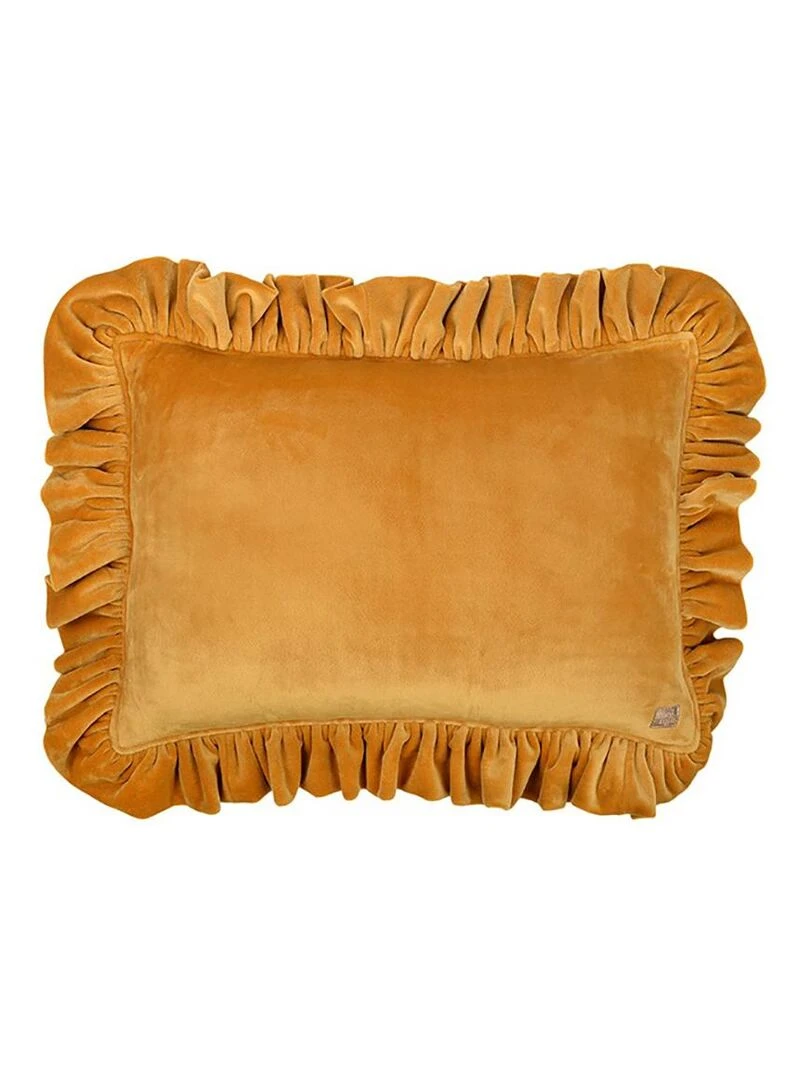 Coussin velours avec volant Moutarde Jaune moutarde