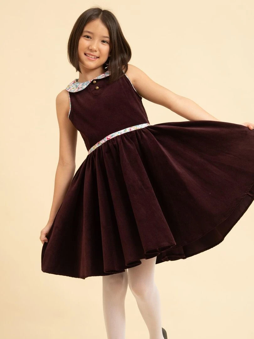 Robe qui Tourne Fille Velours Bordeaux Col Claudine Fleurie HEPBURN 'LA FAUTE A VOLTAIRE' Violet