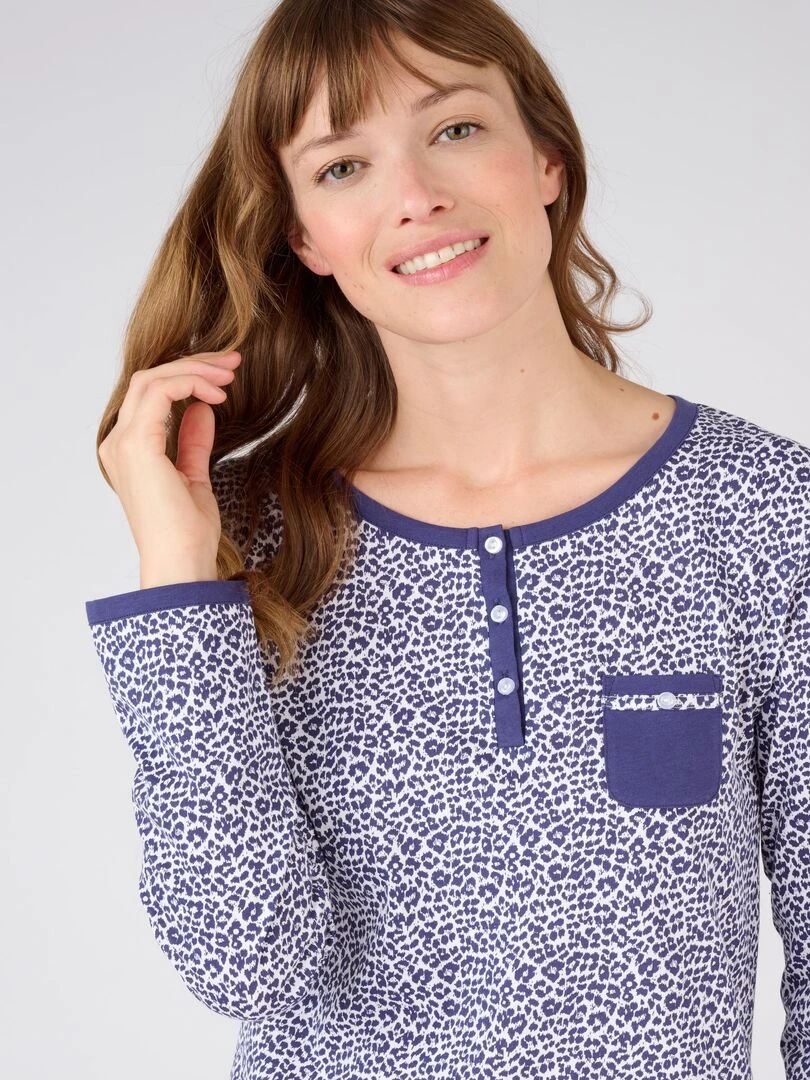 Chemise de nuit pur coton peigné manches longues Damart Bleu marine