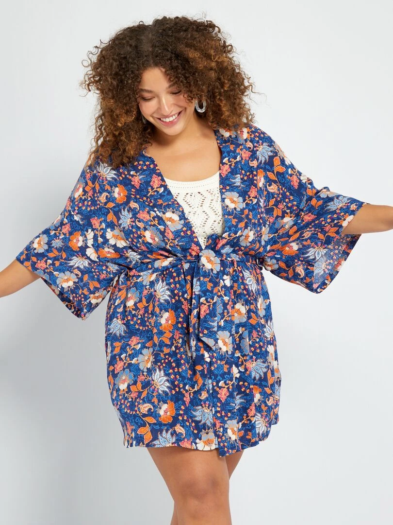 Kimono imprimé en matière crêpée   Bleu