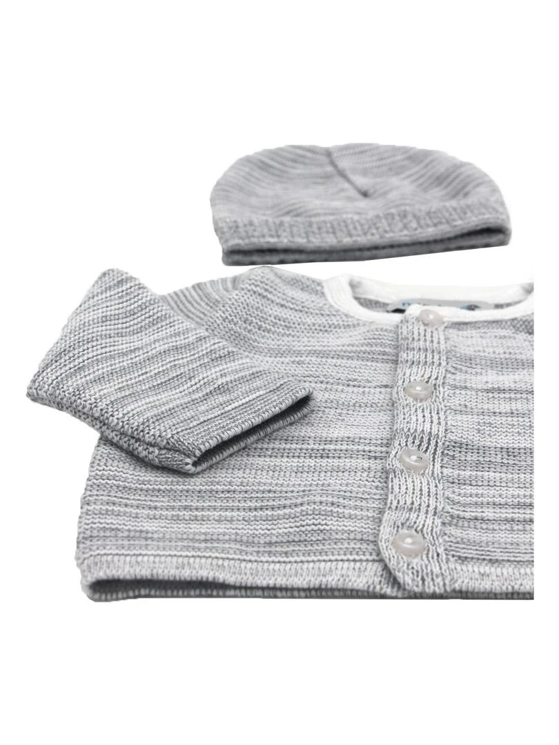 Ensemble tricoté 100% coton bio 1 à 3 mois Gris