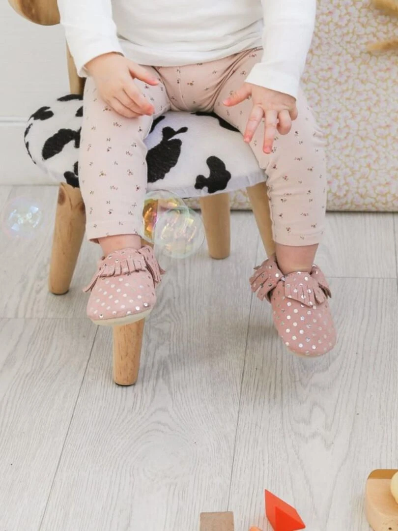 Chaussons cuir souple à franges à pois   Rose