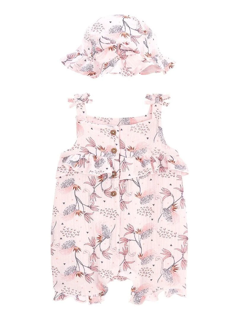 Barboteuse bébé et chapeau en gaze de coton Exotic Bird Rose