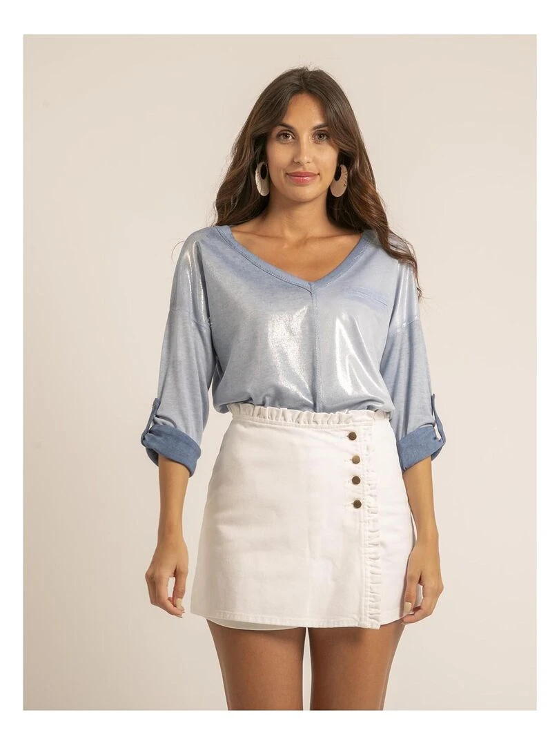 T shirt col V bimatiere FILINIE Bleu