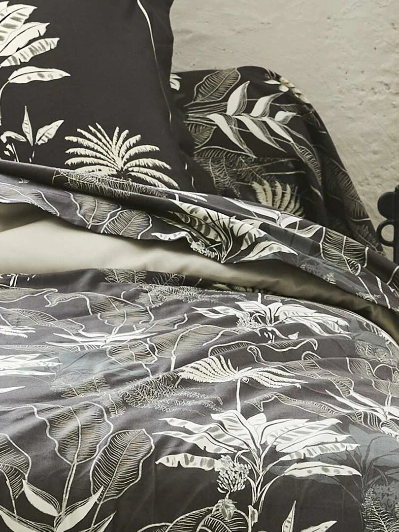 Housse de couette en satin aux feuilles tropicales gris anthracite