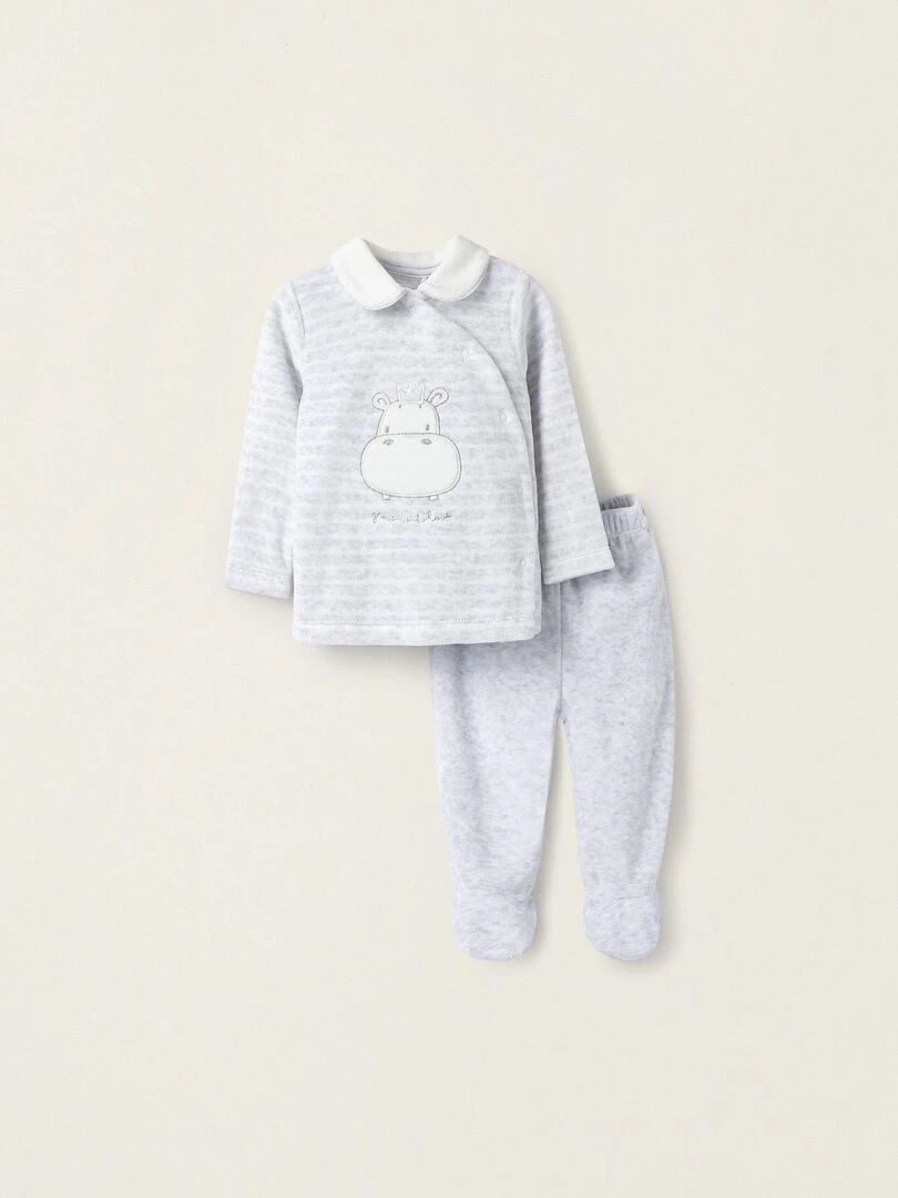 Pyjama en velours avec pieds pour nouveau né 'Hippopotame' EARLY BLOOM Gris clair