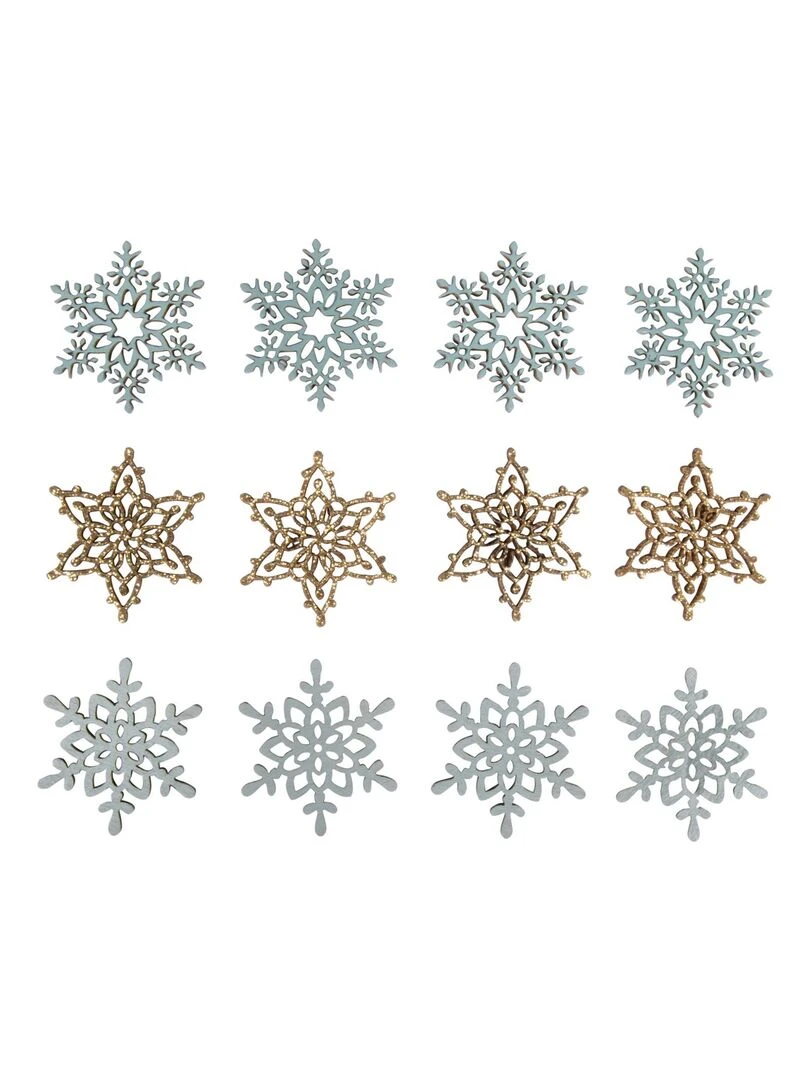 12 flocons de neiges adhésifs en bois bleu et doré Multicolore