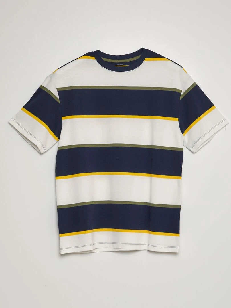 T shirt en piqué de coton à rayures Blanc/bleu marine