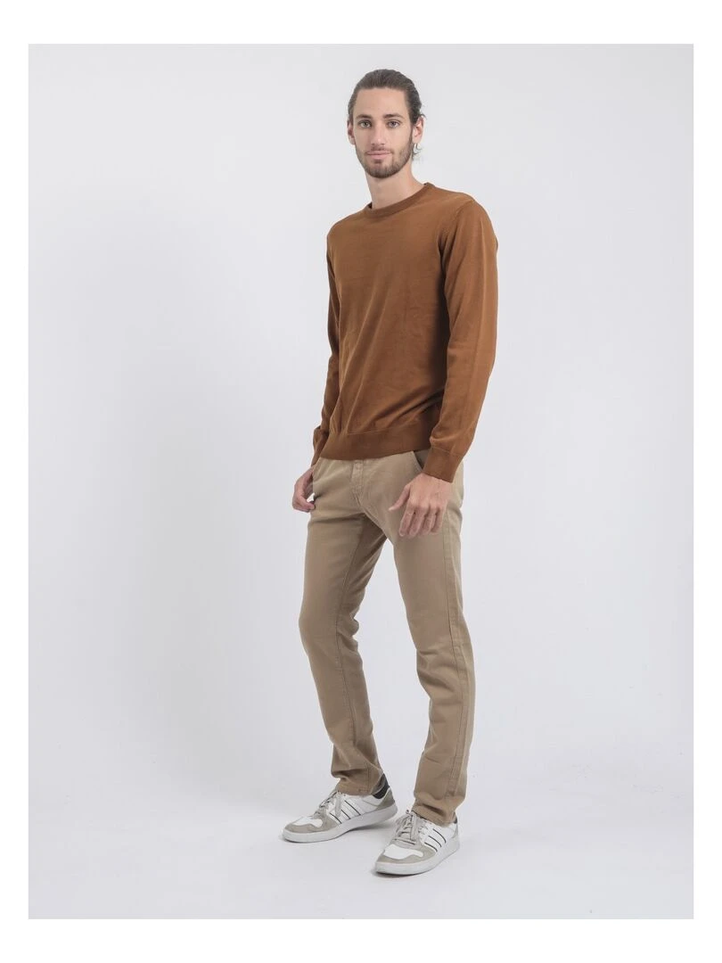 Pull col rond pur coton LADARKO   Marron caramel