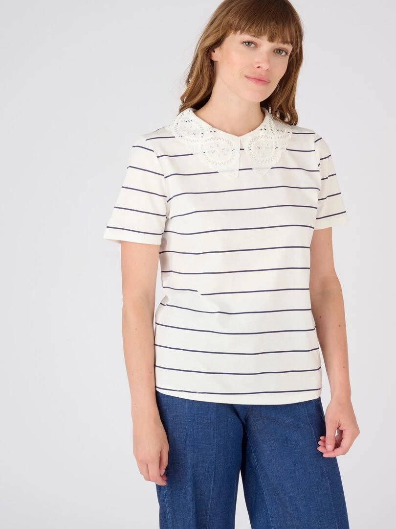 Tee shirt col broderie anglaise Damart Blanc