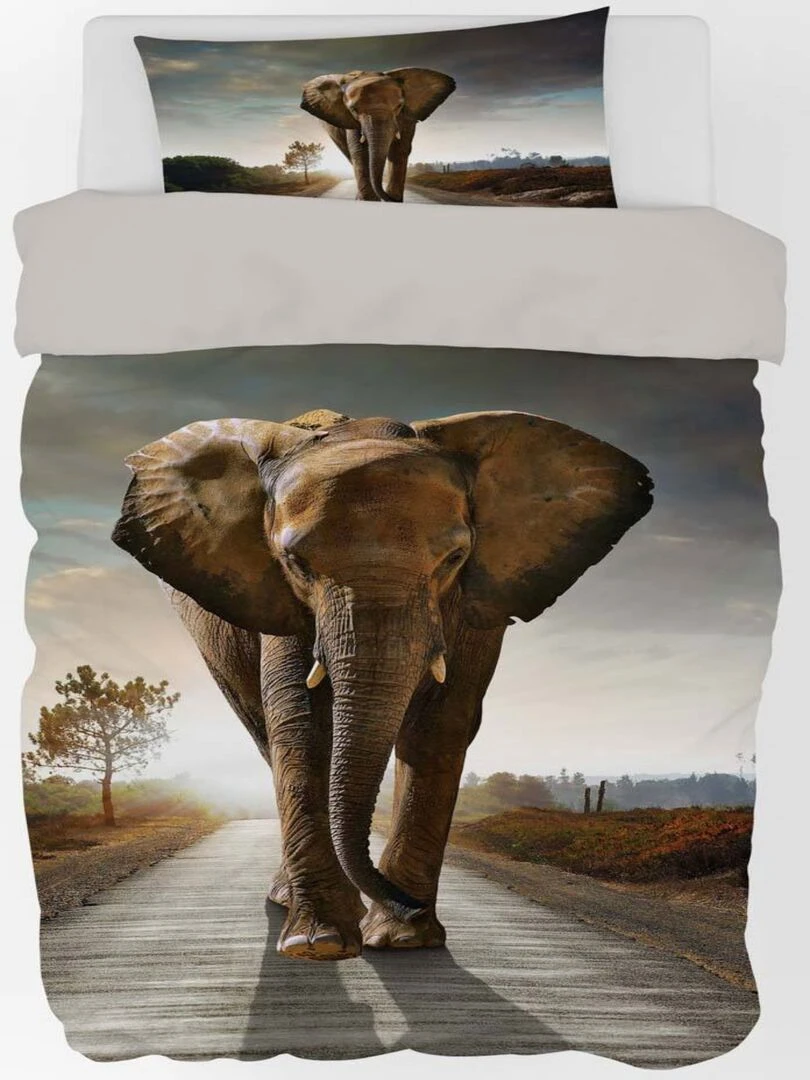 Parure de Lit Coton Réversible Eléphant Gris