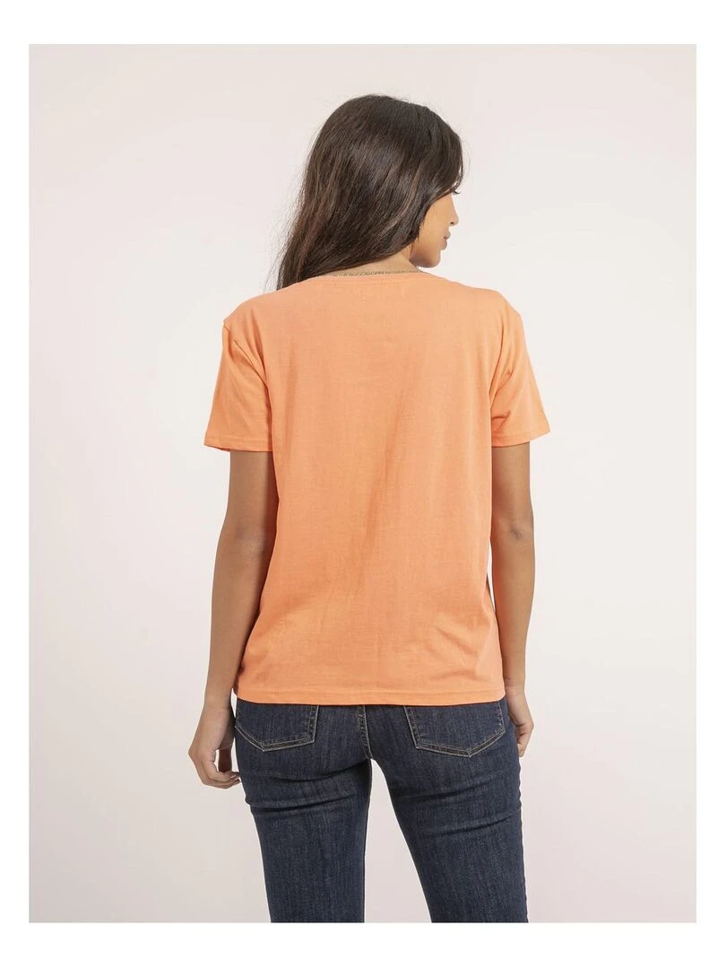 T shirt col V pur coton FAMIA Orange corail