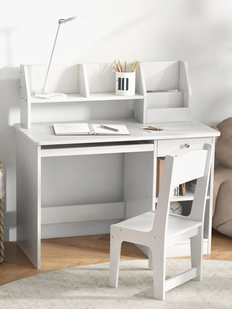 Bureau enfant multi rangement ensemble bureau chaise étagère blanc Blanc