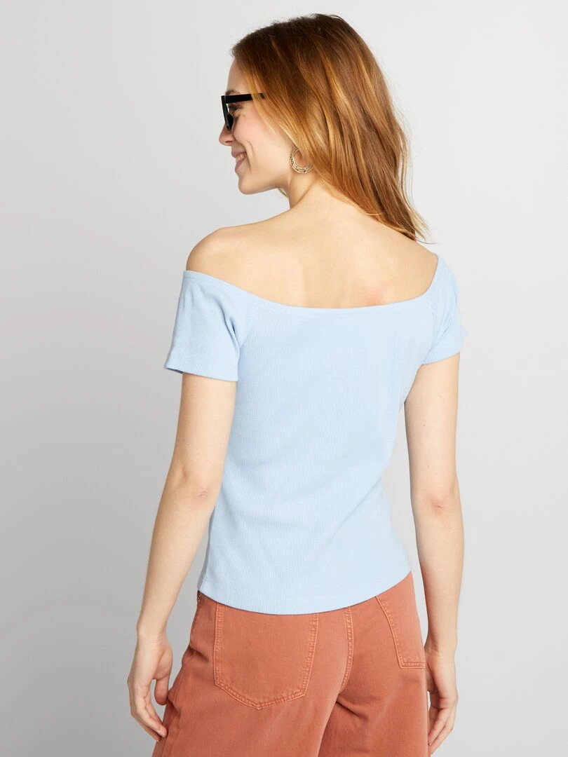 T shirt bardot en maille cotelée   Bleu ciel