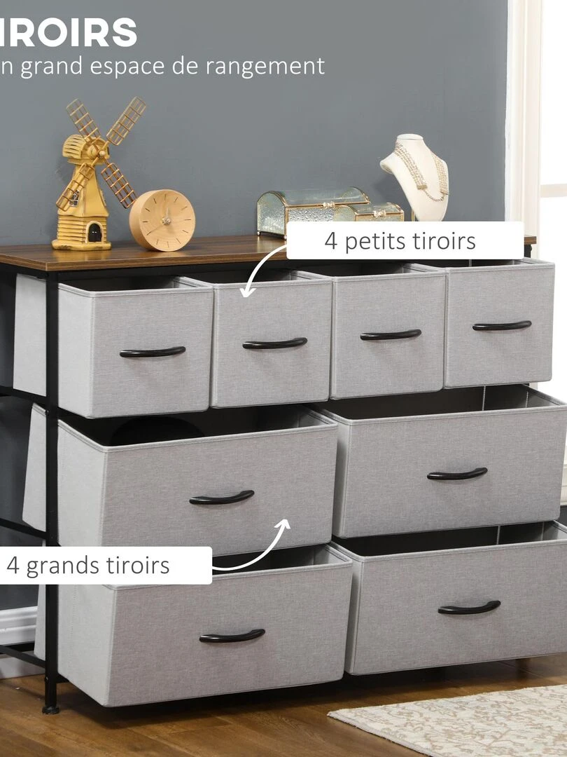 Commode 8 tiroirs   structure acier noir tissu pliant gris   Gris