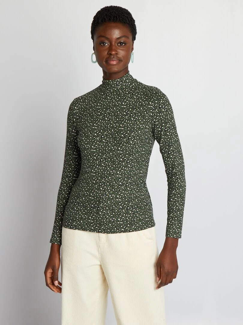 Sous pull en maille côtelée léopard   Kaki