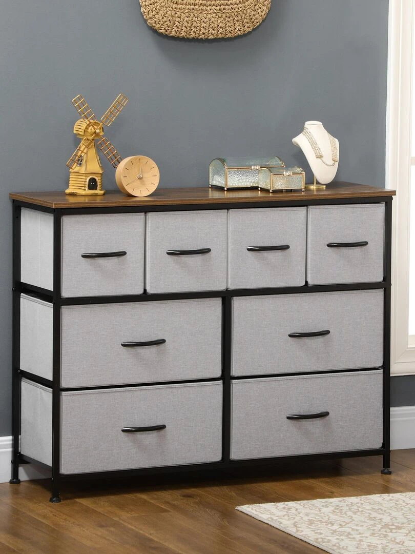 Commode 8 tiroirs structure acier noir tissu pliant gris Gris